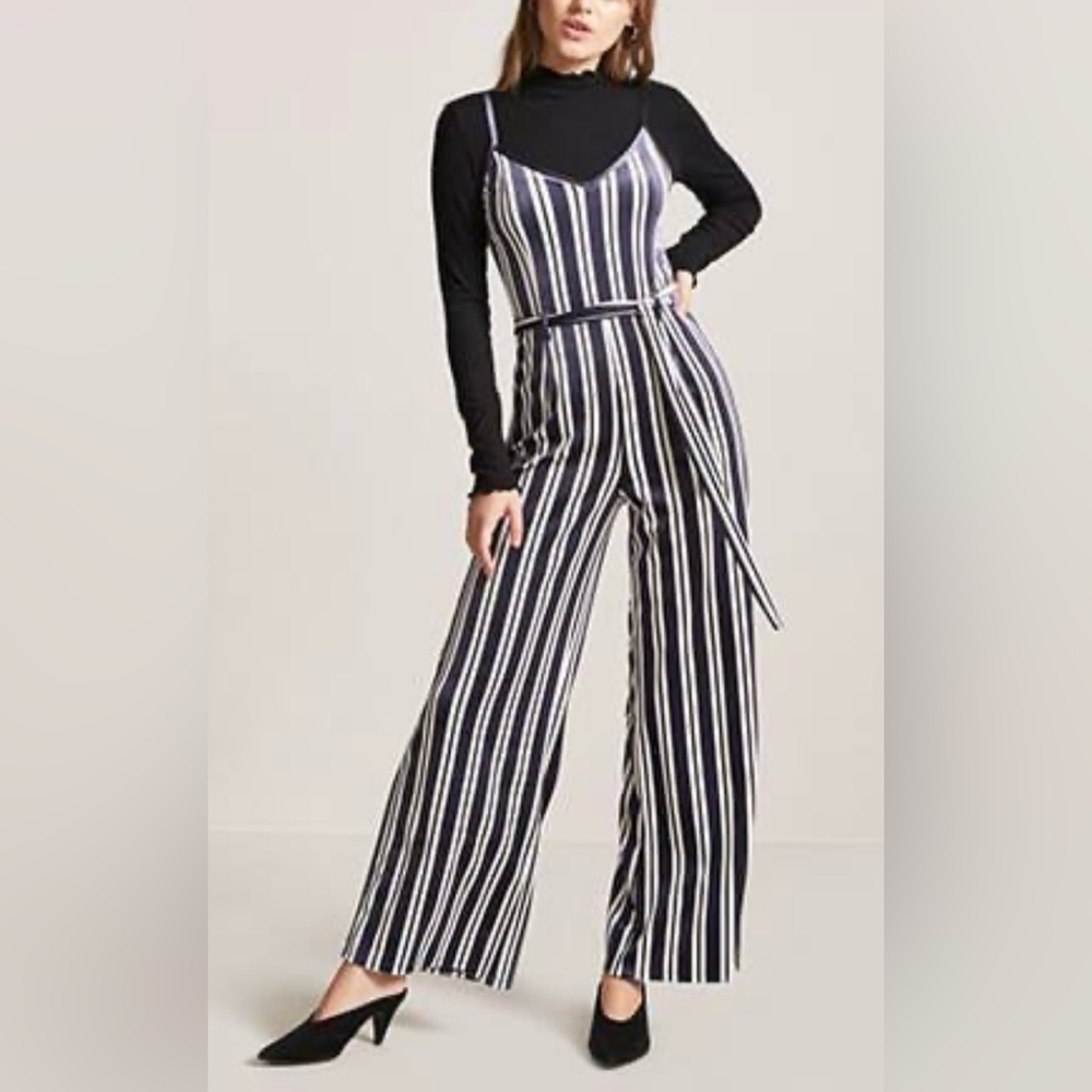 Forever 21 Striped Velvet Jumpsuit Navy/cream Sz 0X Plus Women’s